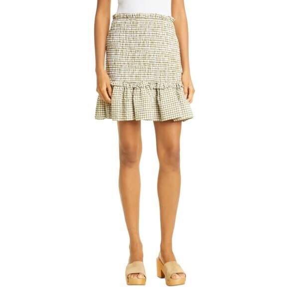 NWT Veronica Beard Aloya Smocked Gingham Mini Skirt Olive & White Size Large NEW - Picture 8 of 16
